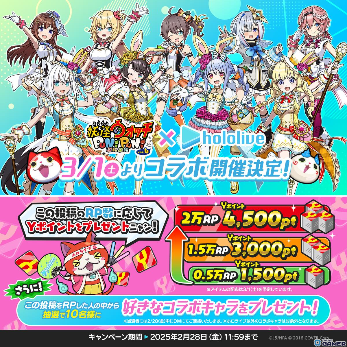 「妖怪ウォッチ ぷにぷに」×「ホロライブ」第5弾コラボ決定!ときのそらさんや赤井はあとさんらがイースター衣装で登場の画像