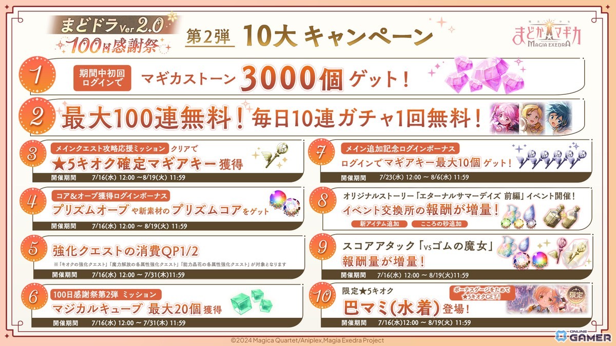 「魔法少女まどか☆マギカ Magia Exedra」に水着の巴マミが登場！100日感謝祭第2弾で最大100連ガチャ無料＆新育成要素も実装の画像