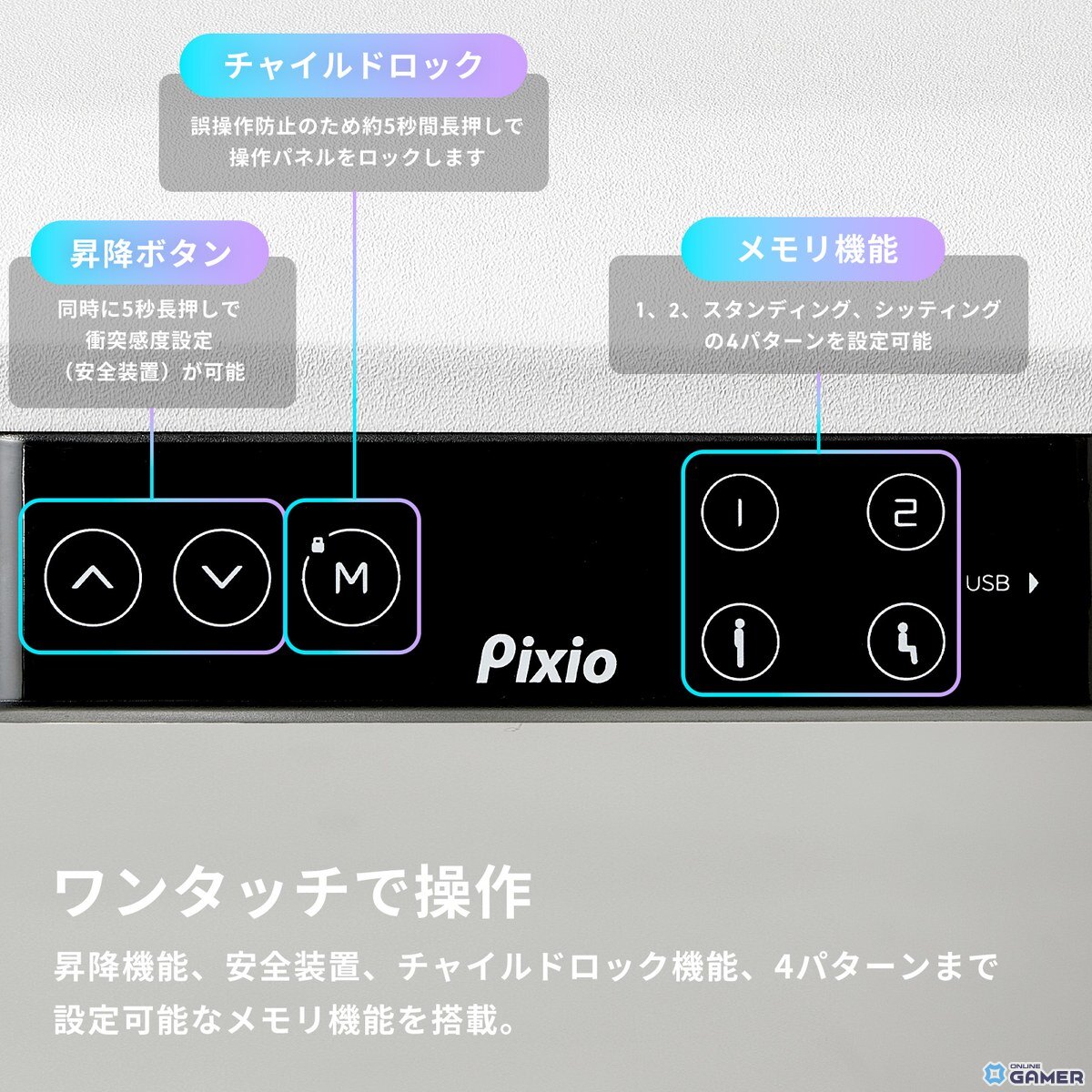 Pixio初のゲーミングデスク発売！電動昇降×オールホワイト×曲線デザインで理想のゲーム部屋を実現の画像