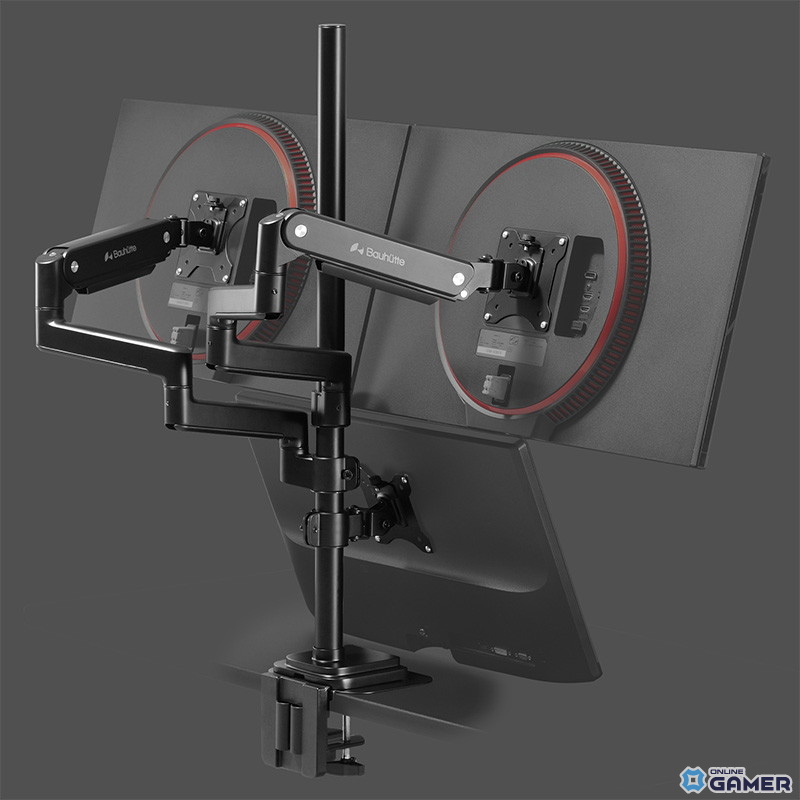 寝姿勢でも3画面を自在に配置、Bauhutteのロングアーム採用マルチモニターアームが登場の画像